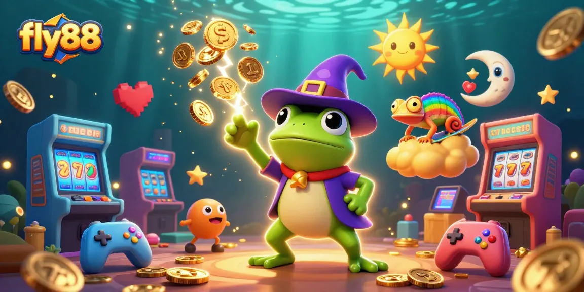 Experience the excitement at fly88 with golden coins raining down, captivating chameleons, and vibrant casino elements.