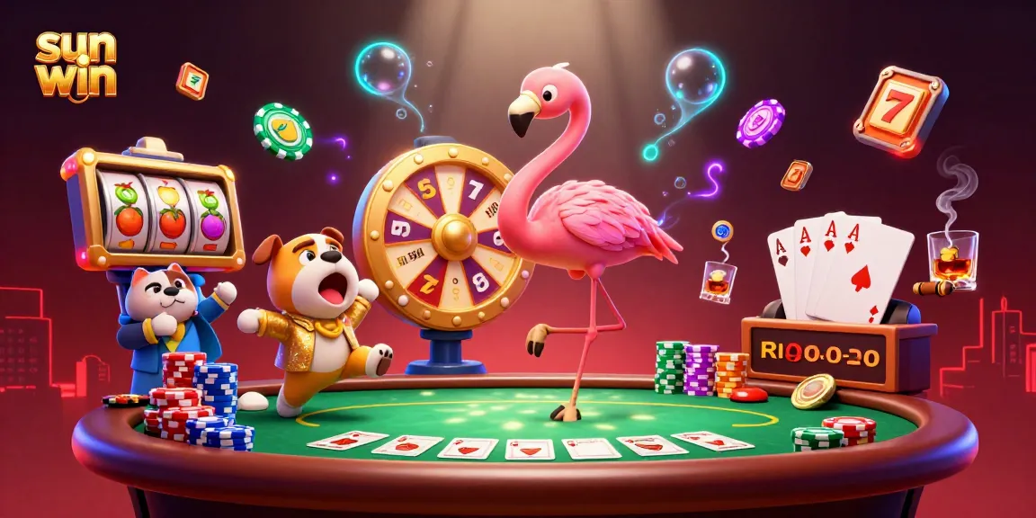 Join the excitement at sun win with a vibrant casino scene featuring a game show host, bulldog contestant, and prize reveals.