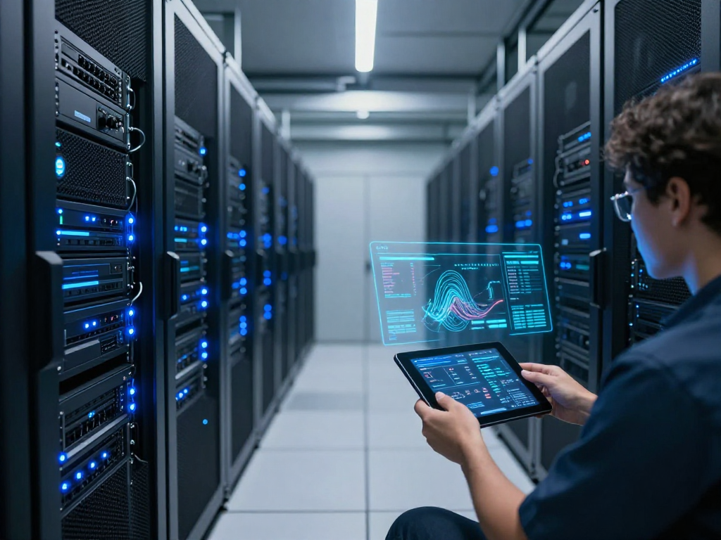 IPTV panel management in a modern data centre featuring advanced server technology and digital monitoring systems.
