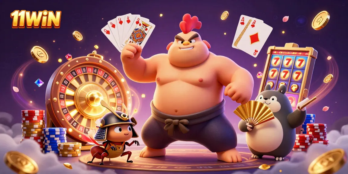 Join the excitement at 11WIN with a vibrant casino scene featuring animated characters and dynamic gaming elements.