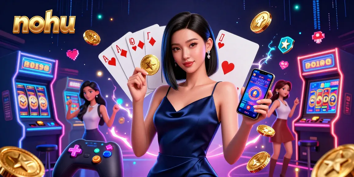 Nohu slots scene with Asian woman showcasing casino app and golden chip, vibrant and dynamic