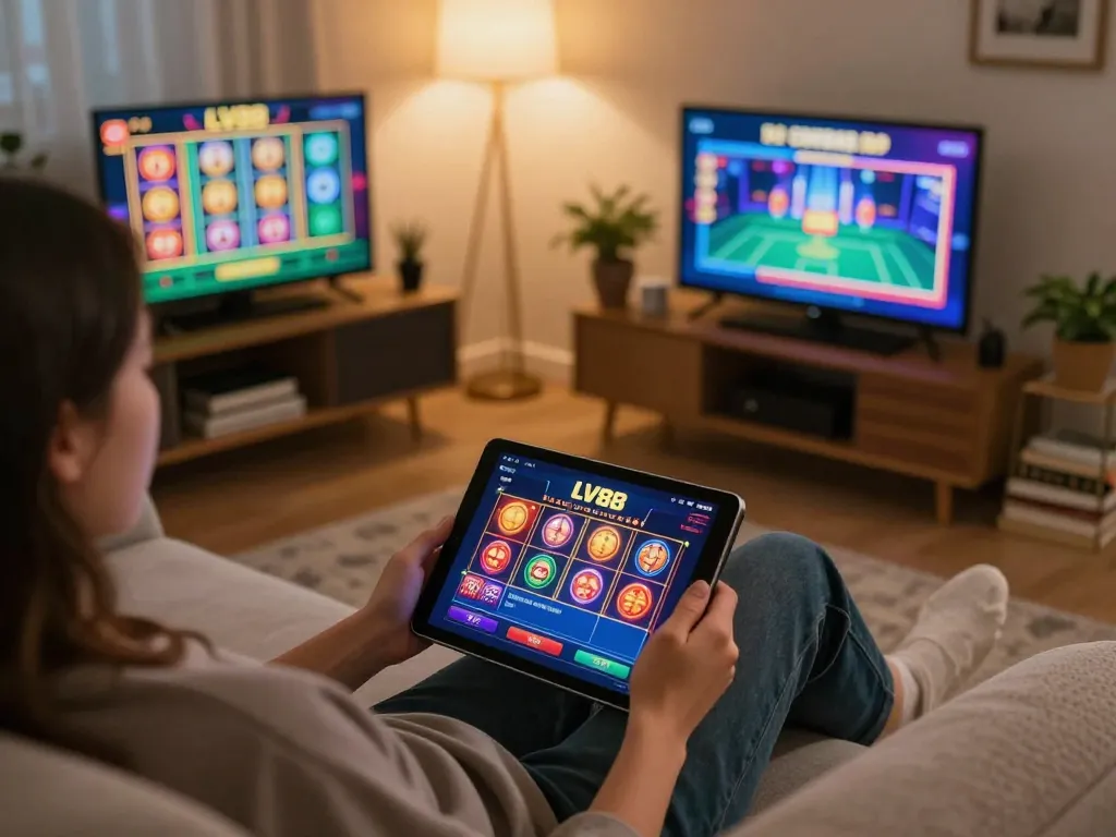 Engaging with LV88 win experience on a tablet in a cozy home setting.