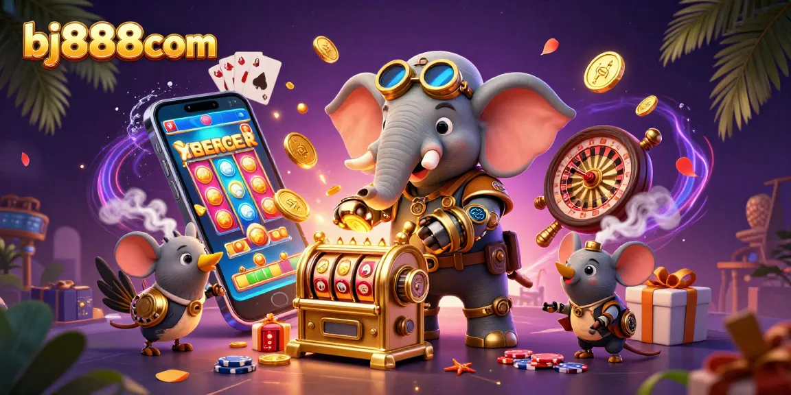 Experience exhilarating gaming with bj888com's lively digital illustration of slot machines and casino elements.