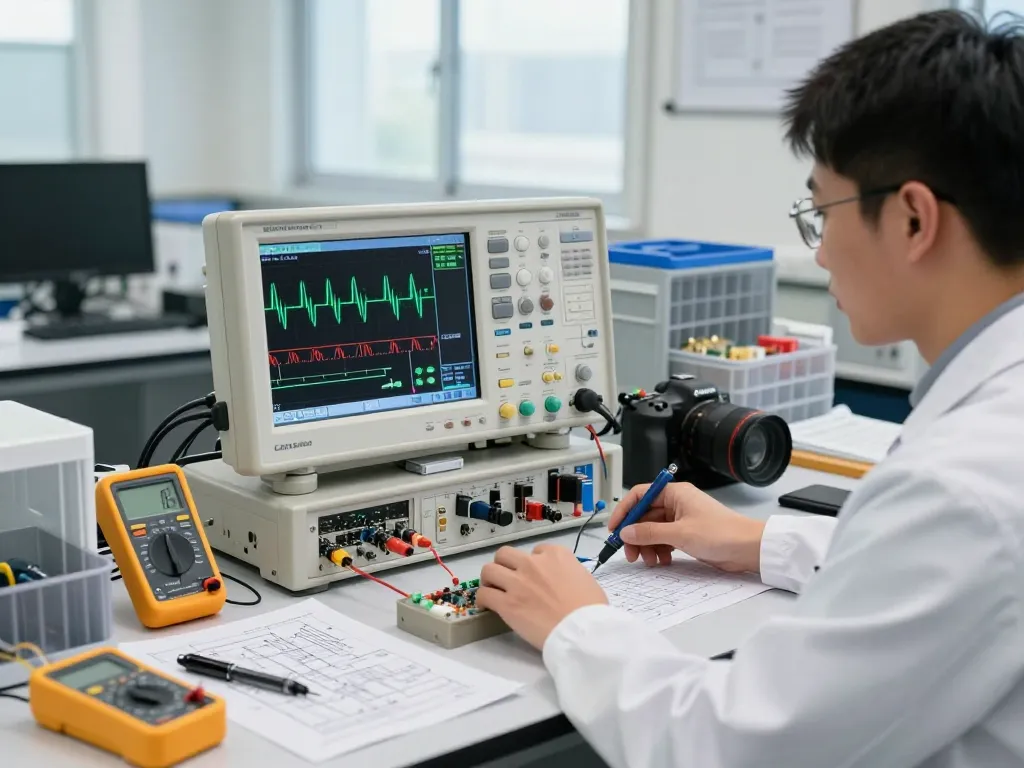 Engineer analyzing signals on a digital oscilloscope, showcasing how does a digital oscilloscope work in a professional electronics lab.