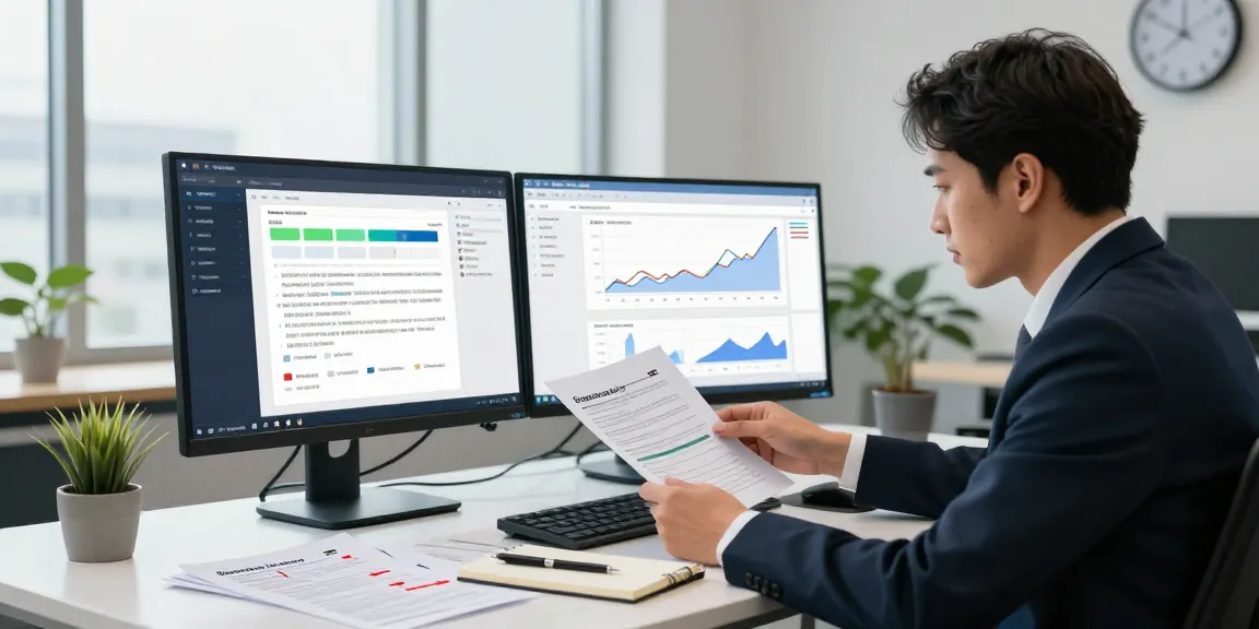 Document fraud detection analyst reviewing highlighted anomalies in a modern workspace, showcasing technology and vigilance.