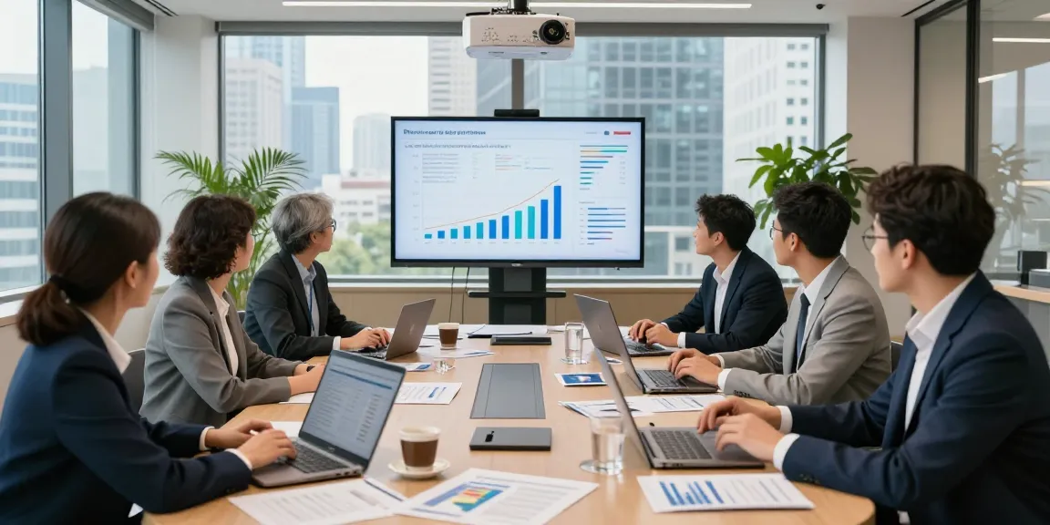 Team discussing international project funding strategies in a modern conference room with financial data visuals.