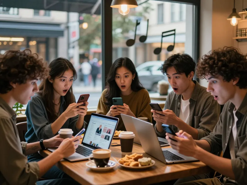 Young adults enjoying digital content in a cafe, browsing NSFW material.