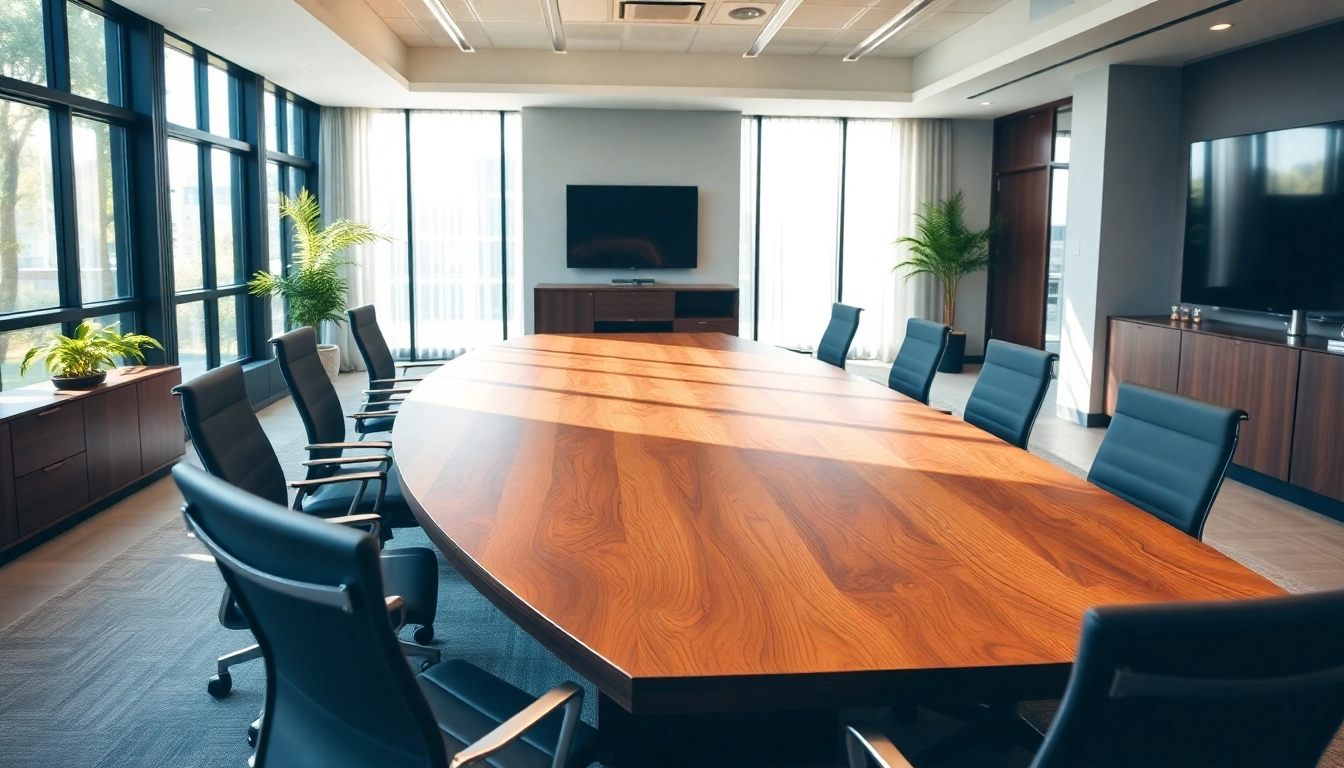 Custom conference table made from solid American hardwood in a modern office setting.