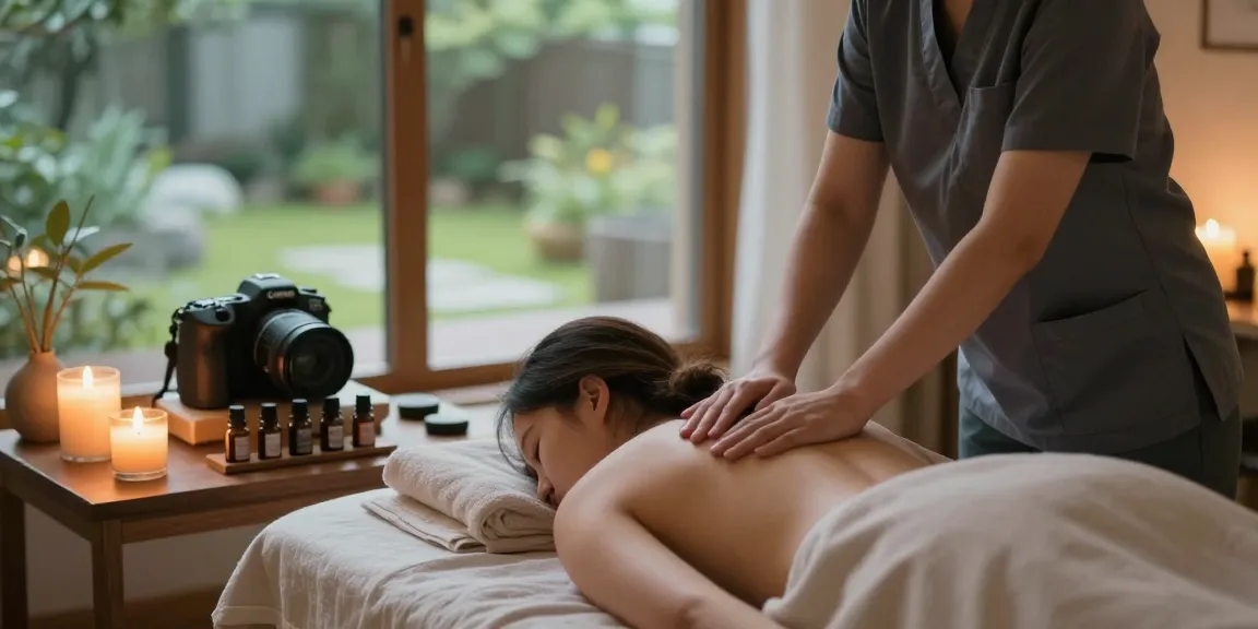 Relaxing 군포출장마사지 therapy scene with a therapist and serene home setting