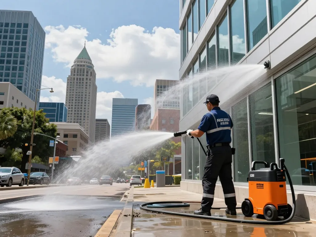 Commercial pressure washing Atlanta service revitalizing office building exterior in urban setting.