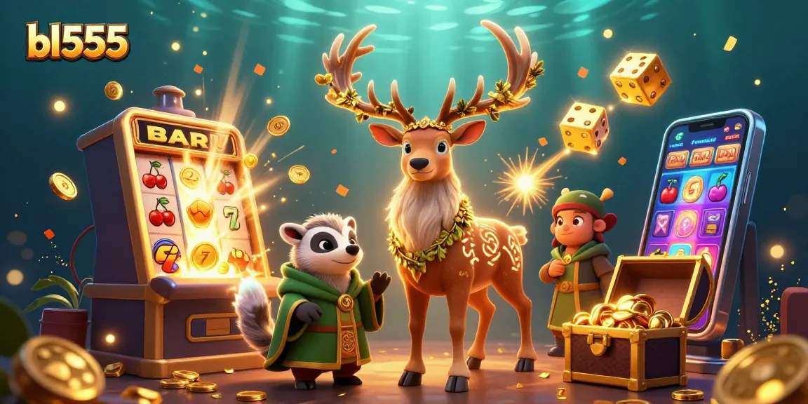 Play exciting games at bl555, featuring cartoon characters with vibrant casino elements.