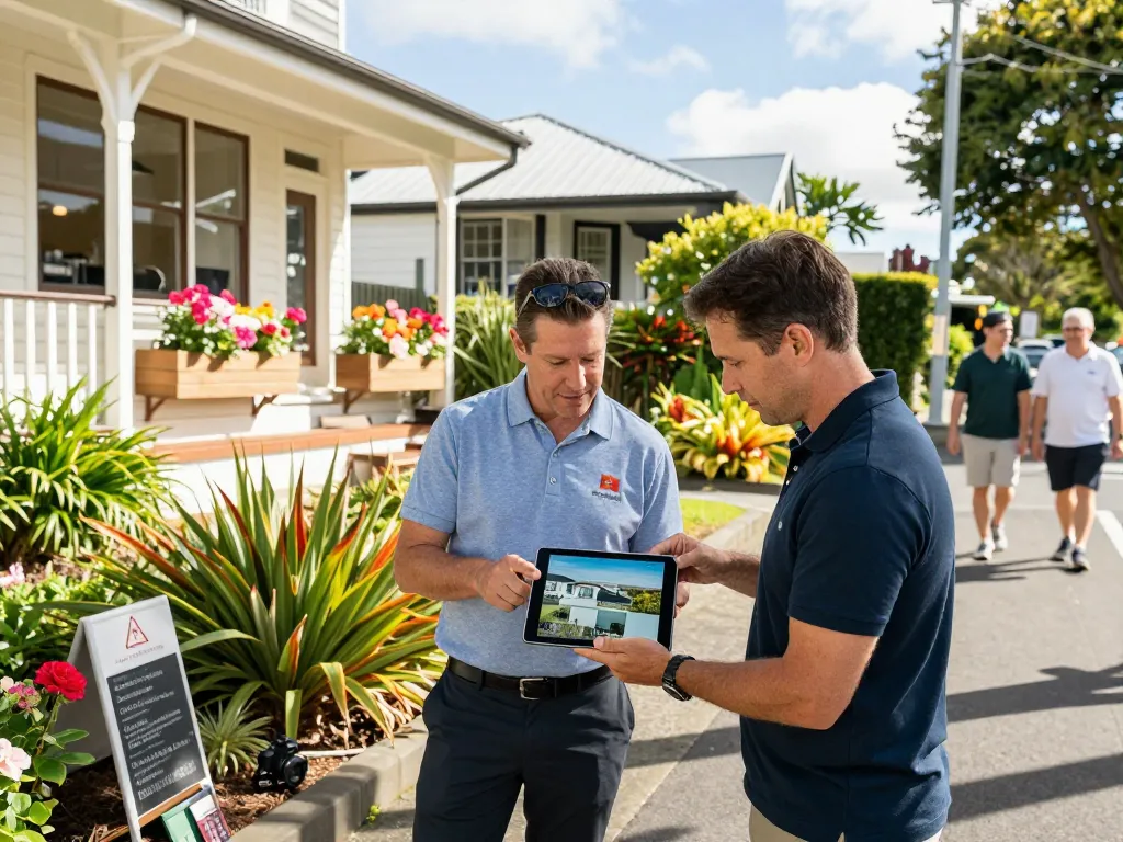 Airbnb management Auckland - Ron and Sam discussing rental strategies in a vibrant residential area.