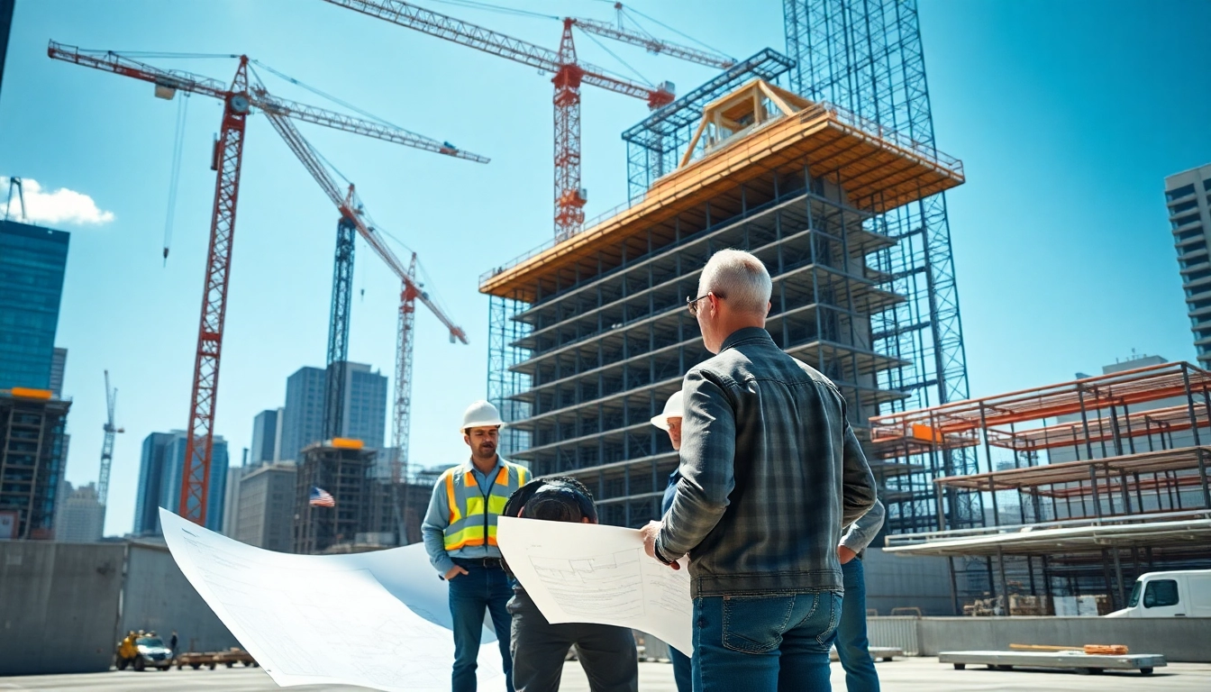 Manhattan General Contractor managing a construction site with diverse workers and a high-rise in progress.