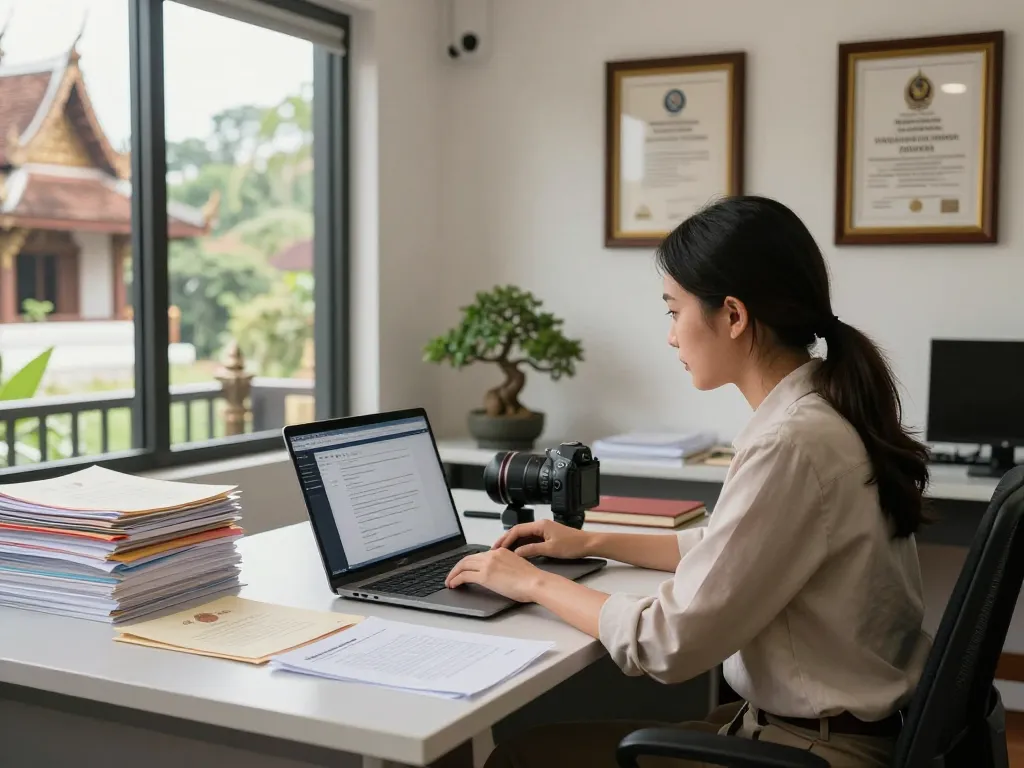 Translation Services in Chiang Mai showcased in a professional workspace, highlighting documents and technology.