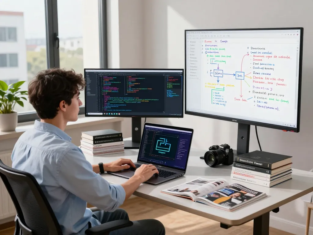 Zero knowledge proof guide in a tech workspace with coding screens and vibrant whiteboard concepts.