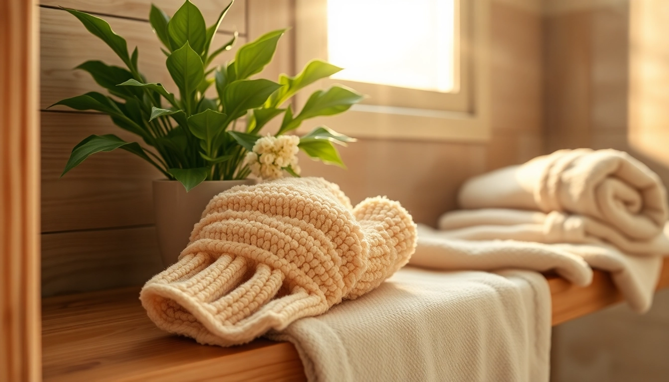 Hand loofah glove resting on a wooden shelf, surrounded by plush towels and greenery.