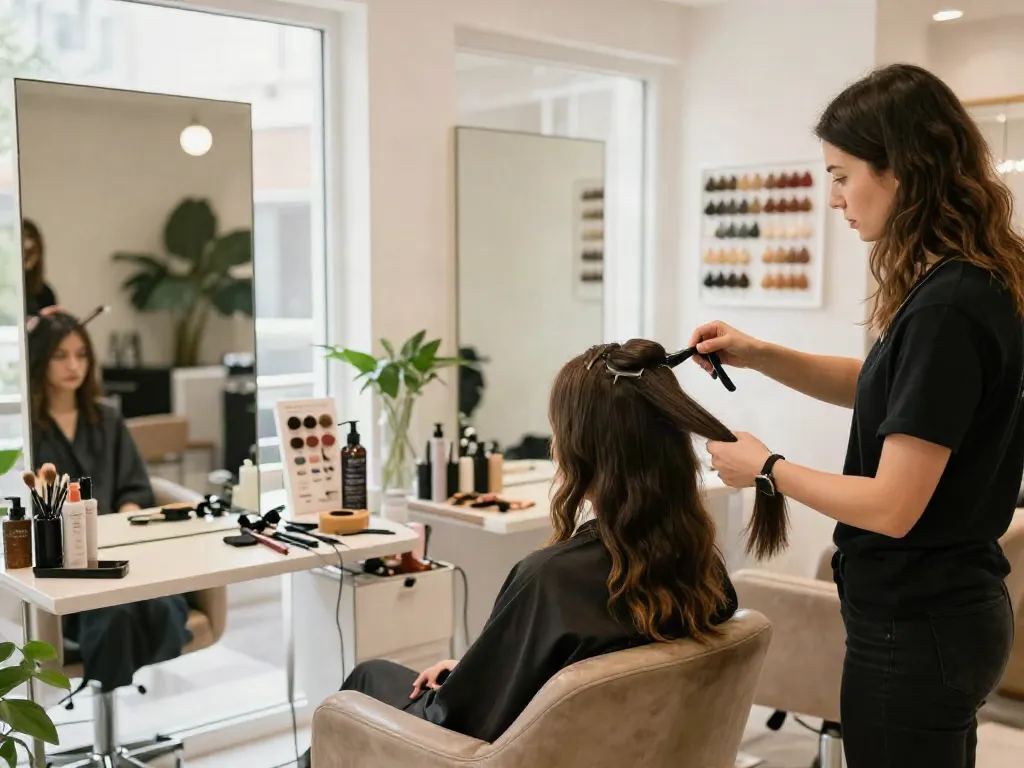 Tape-in extensions human hair being applied in a bright beauty salon showcasing vibrant color options and professional styling