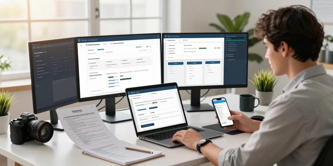 Warranty service management software dashboard in a modern workspace illustrating real-time updates and analytics.