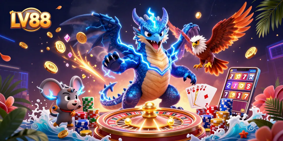 Experience thrilling gameplay at LV88 with a vibrant 3D illustration showcasing exciting gaming elements.