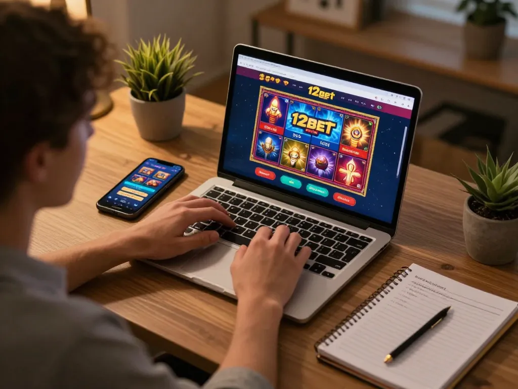Cảnh đánh bạc tại nhà hấp dẫn với giao diện sòng bạc trực tuyến 12bet trên máy tính xách tay, thể hiện lối chơi chiến lược.