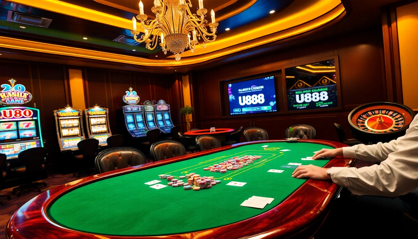 Experience the thrill of U88 gambling at a luxurious casino table surrounded by vibrant poker chips.