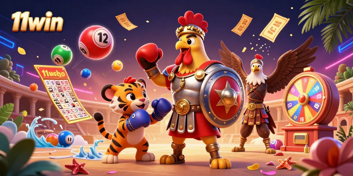 11win showcases a vibrant 3D casino scene with animated lottery balls bouncing around characters.