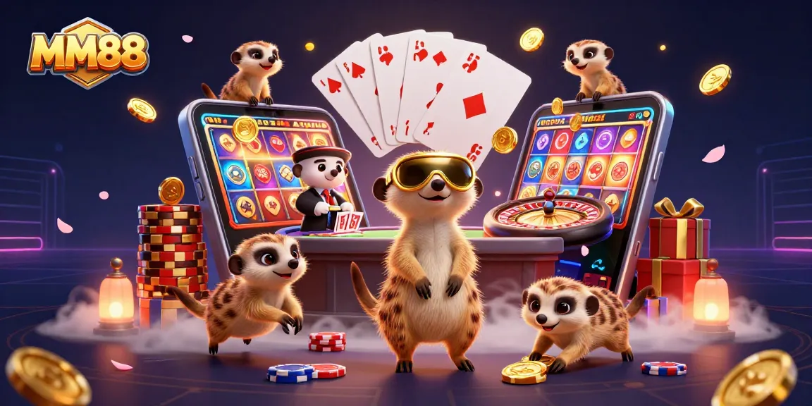 Experience dynamic gameplay with MM88 as meerkats operate a vibrant casino scene.