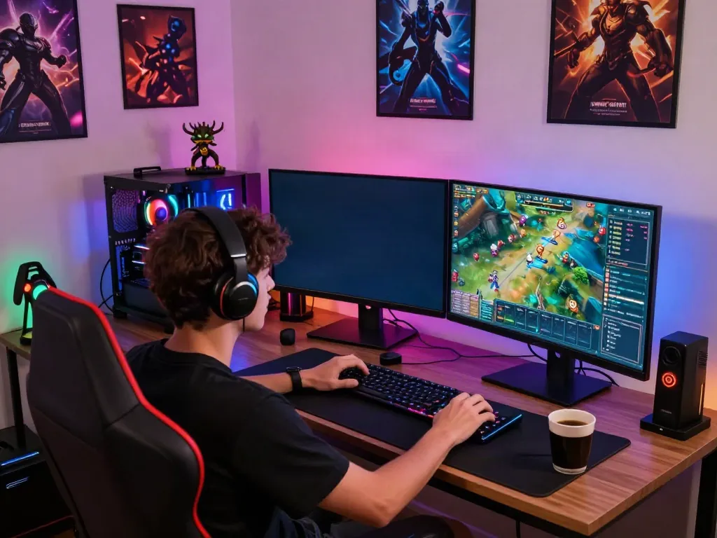 Gamer using rokok88 login for leveling strategies in an immersive setup.