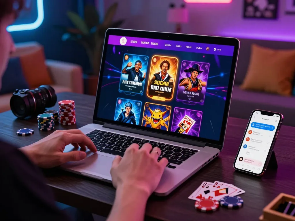 Engaged gamer enjoying bomwin online gaming platform with exciting visuals and modern setup.