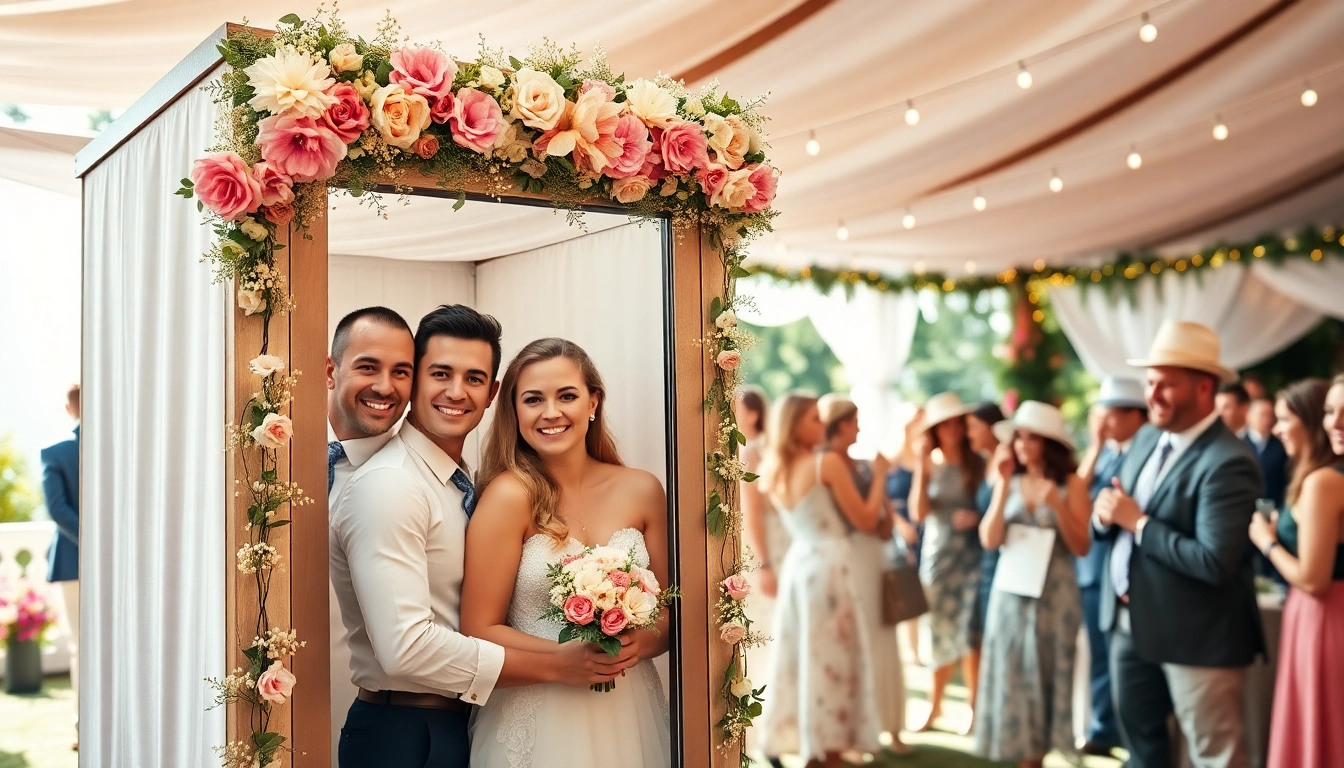 Engaged couple enjoying a photo booth rental surrounded by guests and decorations