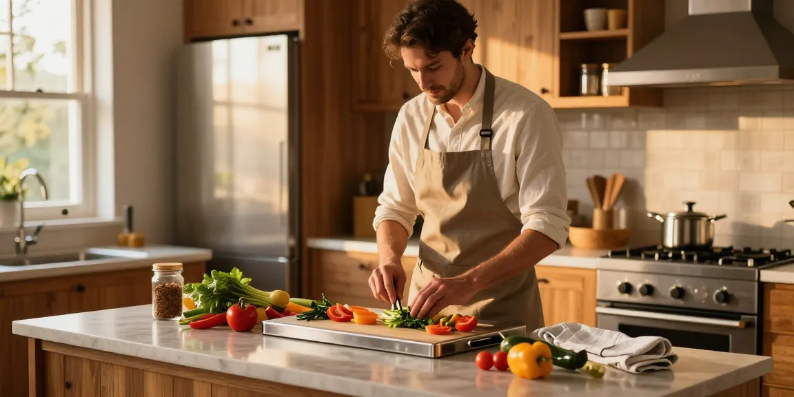 Titanium cutting board in a cozy kitchen scene with fresh ingredients ready for cooking.