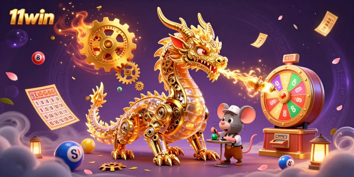 Experience the thrill with 11win's dynamic lottery scene featuring a dragon, colorful balls, and magical elements.