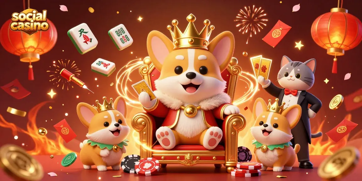 Engage in a social casino atmosphere with a royal corgi on a throne of poker chips.