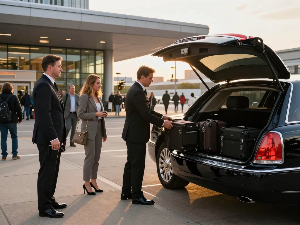 Oswego IL limousine service featuring a chauffeur assisting passengers at Chicago airport in a luxury Lincoln Continental.