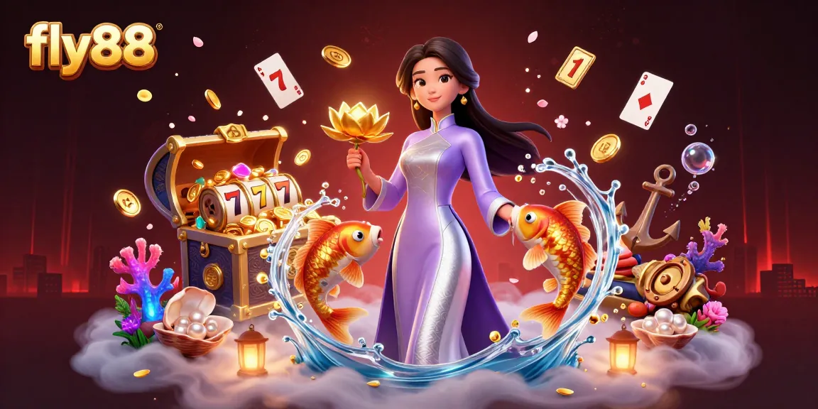 Experience the excitement of fly88 with a vibrant 3D casino illustration featuring stunning game elements and characters.