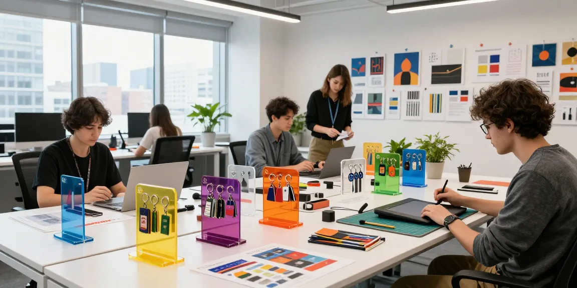 Custom acrylic stand designs displayed in a bright and modern workspace