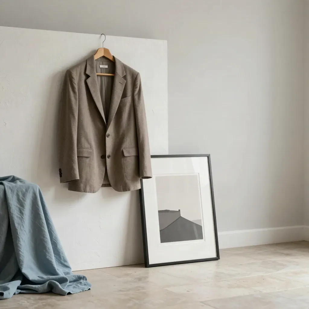 Soft portrait studio still life with blazer, plaster backdrop, and framed print on stone floor.