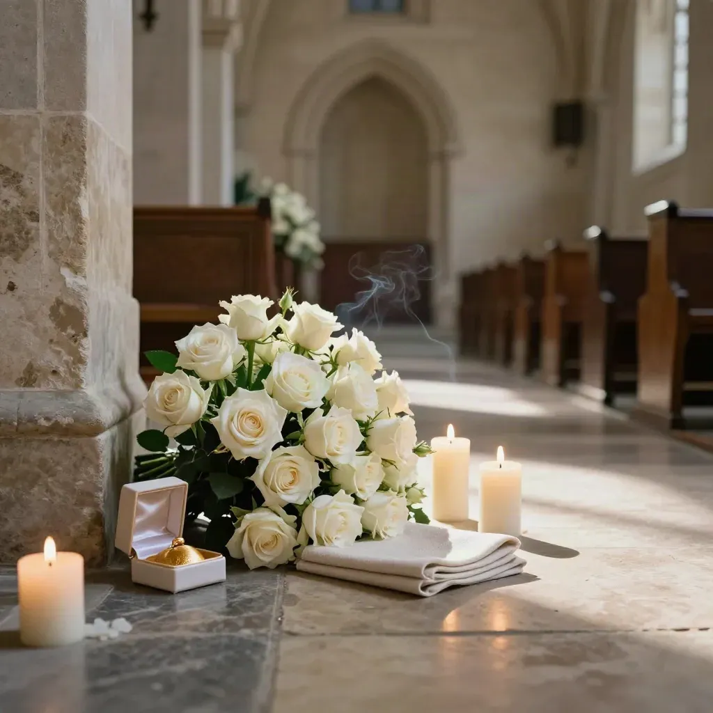 Ivory roses, candles and a ring box on a stone ledge in a quiet chapel aisle.