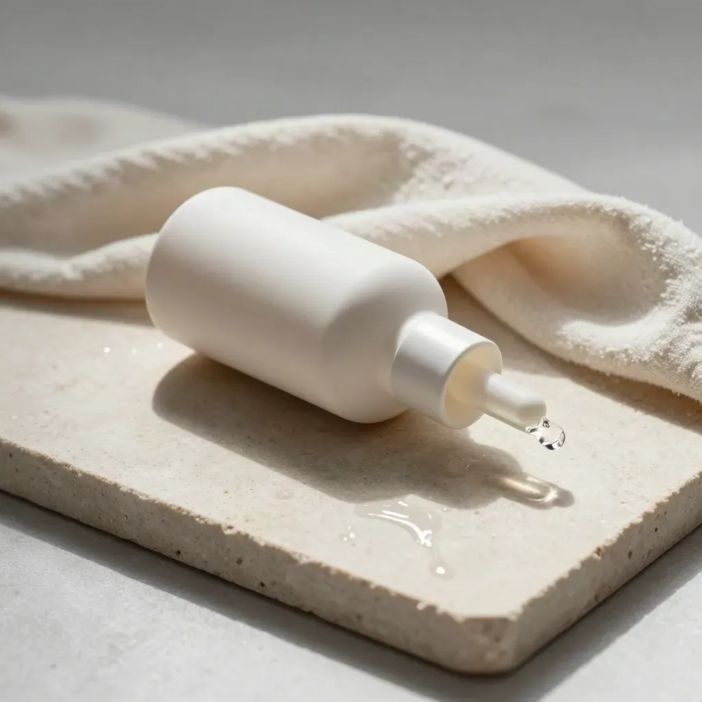 Ceramic skincare bottle and glass dropper vial on pale stone, mid-roll beside folded muslin with mist.