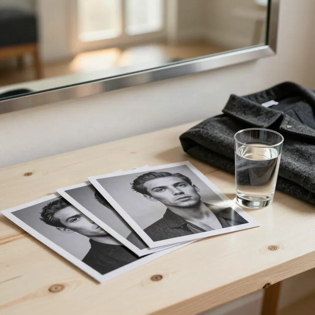 Corporate headshot prints, charcoal jacket, and water glass on pale wood in soft daylight.