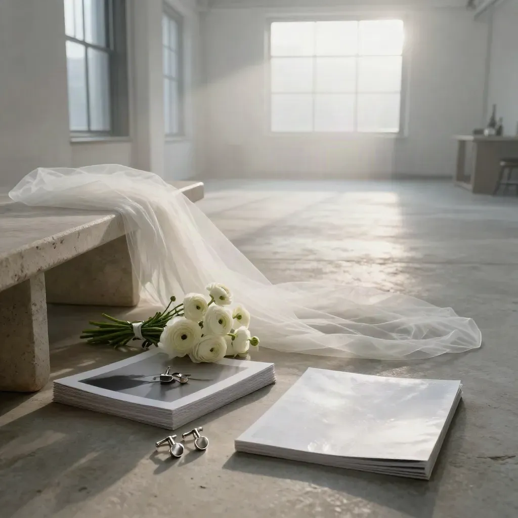 Chicago studio loft still life with bridal veil, bouquet, prints, cufflinks and frosted folio in dawn light