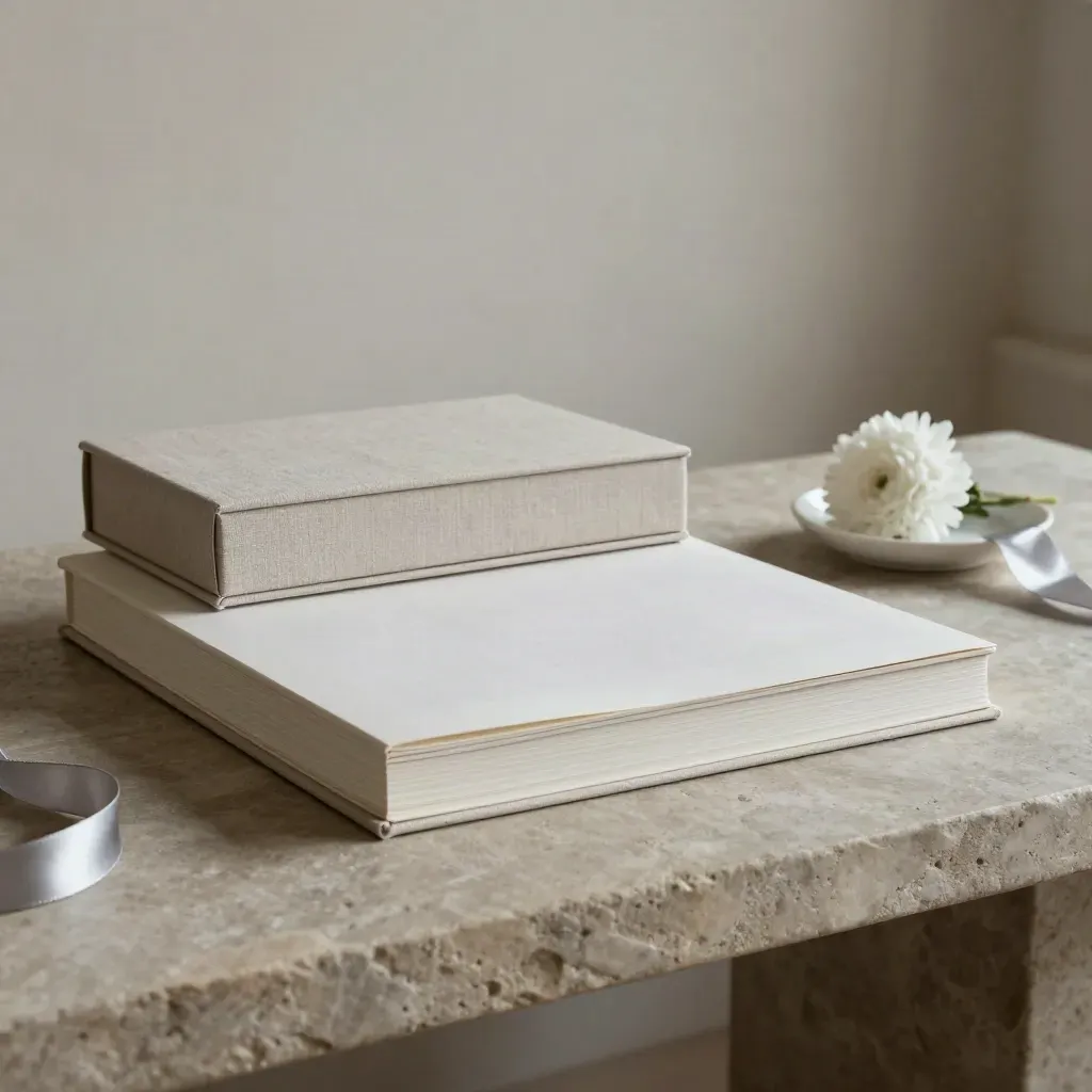 Closed wedding folio box, matte prints, and white florals on a stone table.