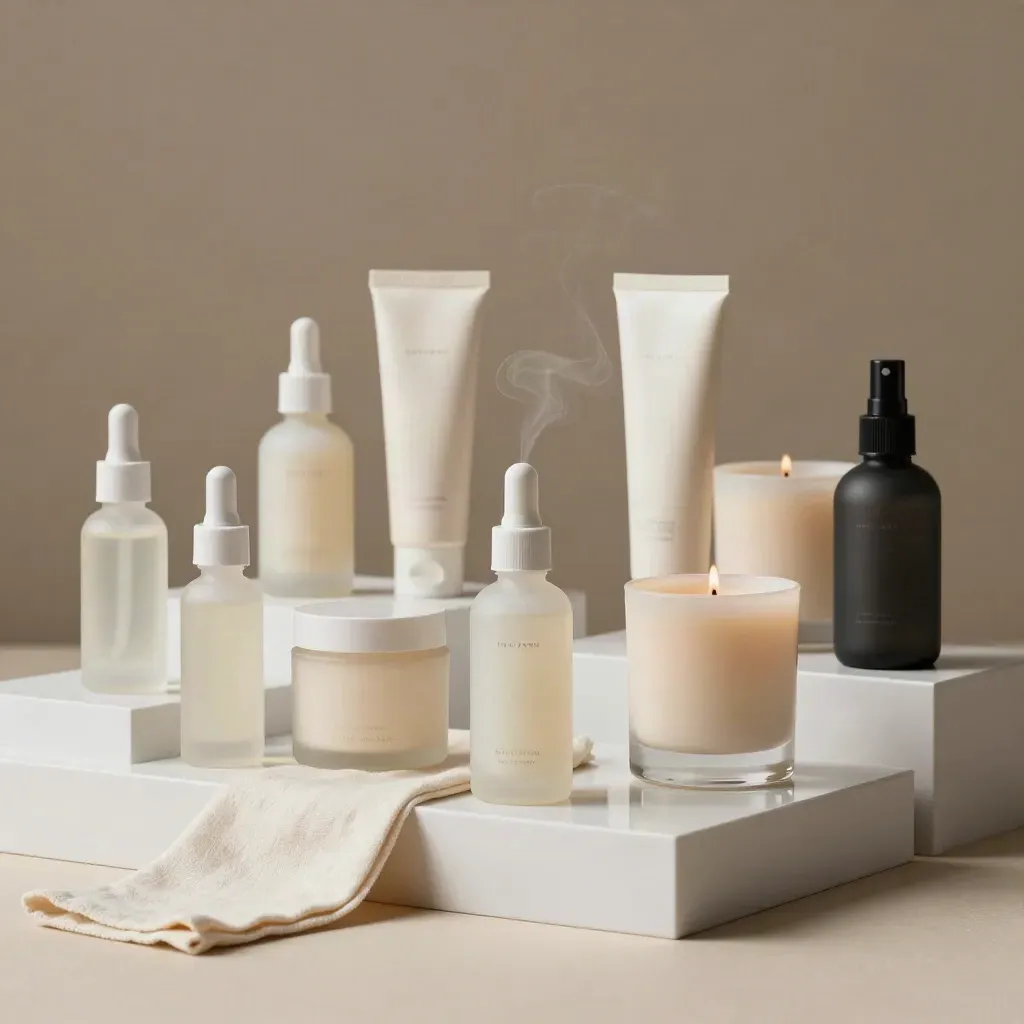 Skincare and candle products mid-turn on white plinths with mist and a charcoal spray bottle.