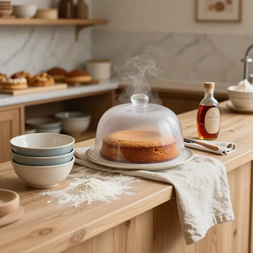 Bakery counter with cake dome, syrup bottle, ceramic bowls, and flour in warm soft light.