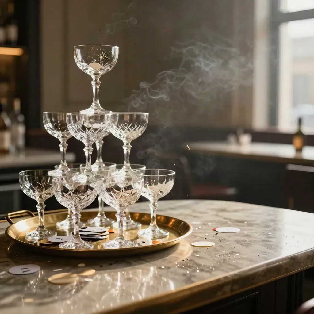 Crystal coupe tower on a bar with sparklers, confetti, and lingering smoke.