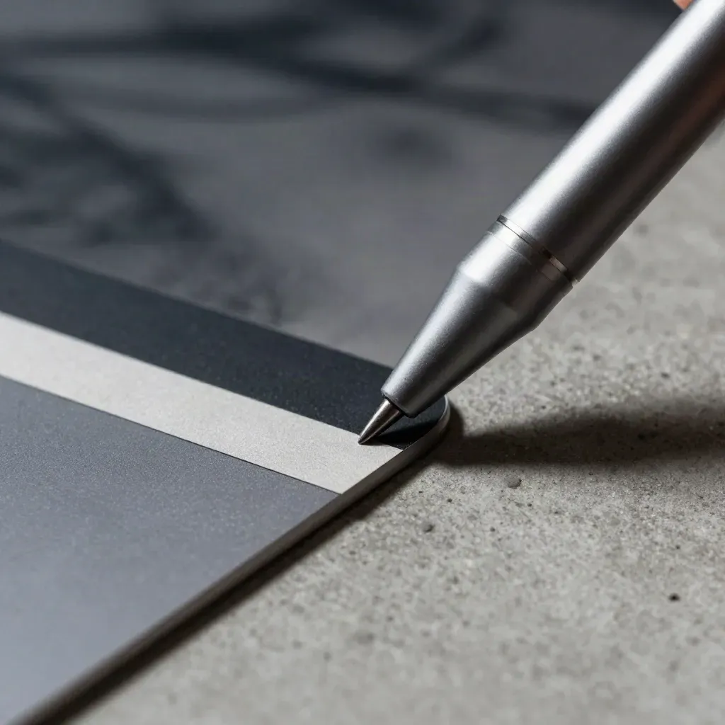 Extreme macro of a pen display tablet, stylus tip, and gray calibration strip in cool light.