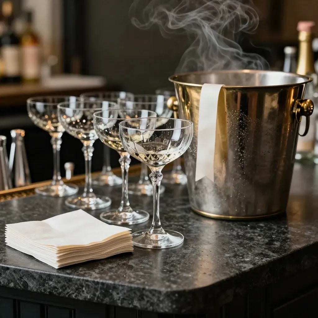 Champagne coupes, brass ice bucket, and napkins on a dark stone bar counter