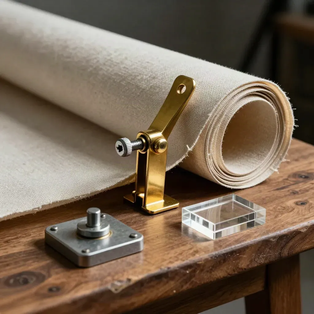 Brass clamp rigging rolled linen samples beside acrylic blocks on a walnut workbench