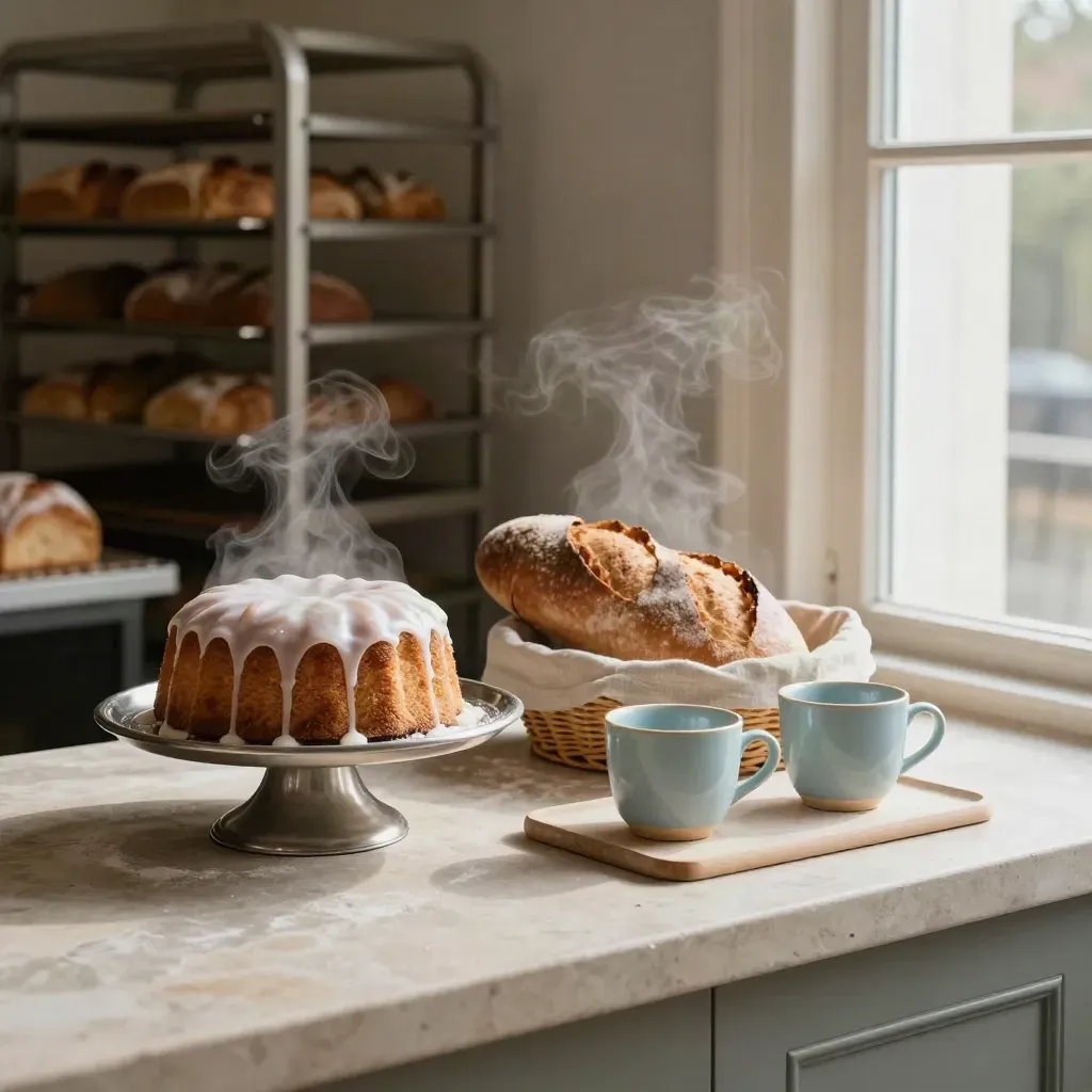 Bakery window still life with cake stand, bread basket, cups, and rising steam in warm light.