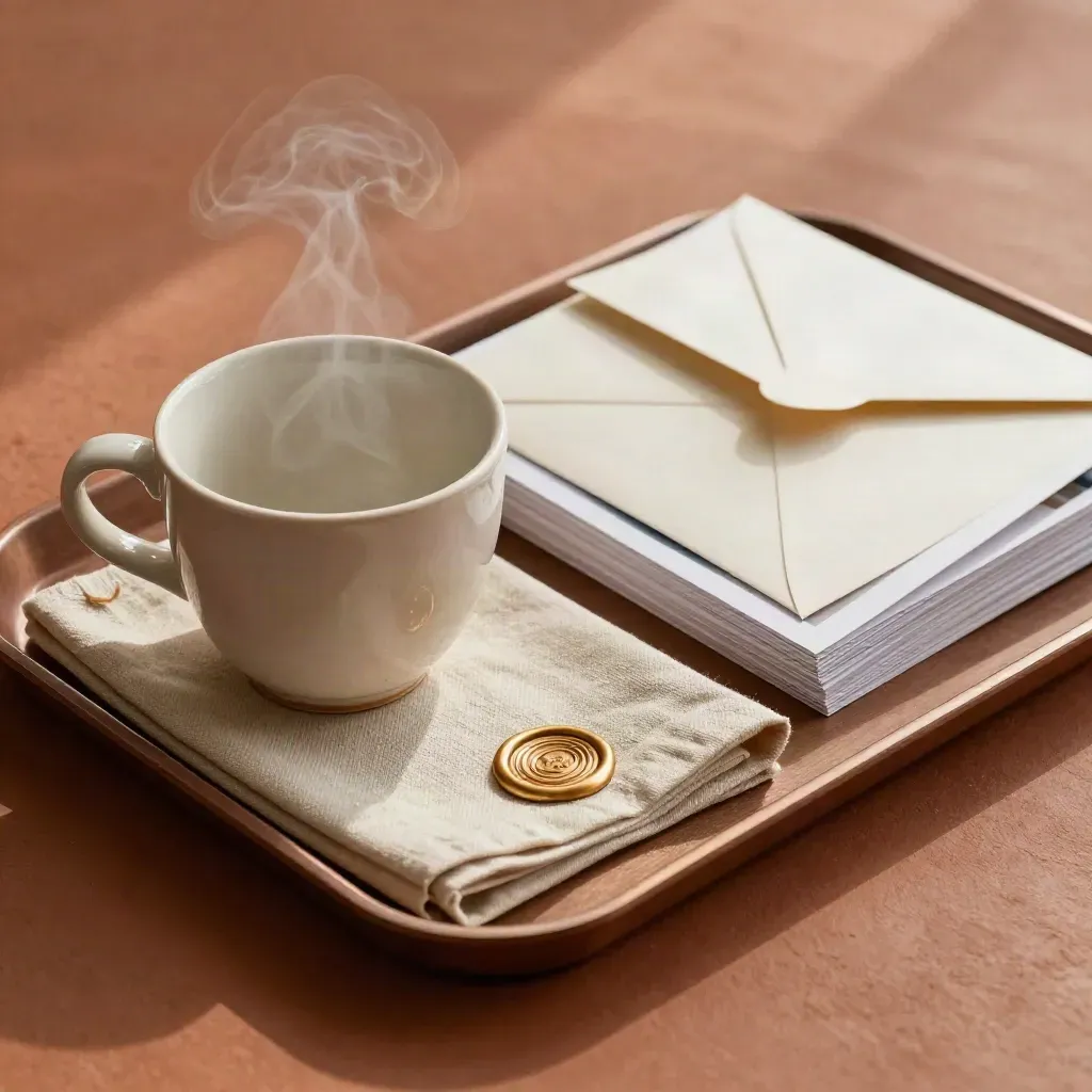 Steam rises from a cup beside a sealed gallery package and sample prints on a terracotta tray.